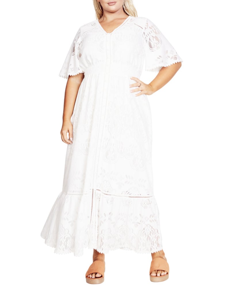 Front of a model wearing a size 14 MAXI LACE LOVE in Ivory by Aveology. | dia_product_style_image_id:280462